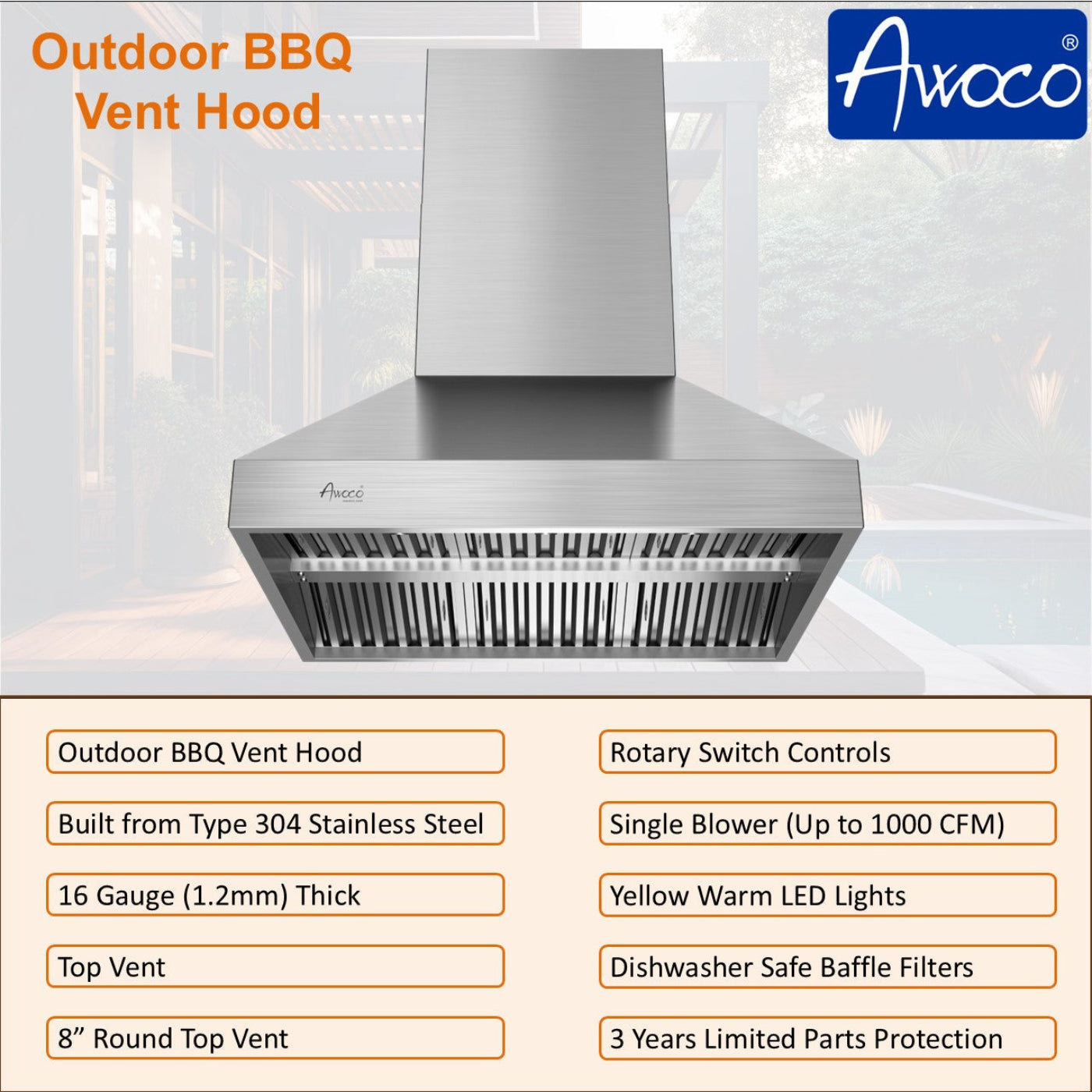 Awoco 42” Outdoor BBQ Wall Mount Vent Hood Type 304 Stainless Steel, 4 Speeds 1000 CFM, Adjustable LED Lights, 8” Round Top Vent - AWC-RH-WM-OD42