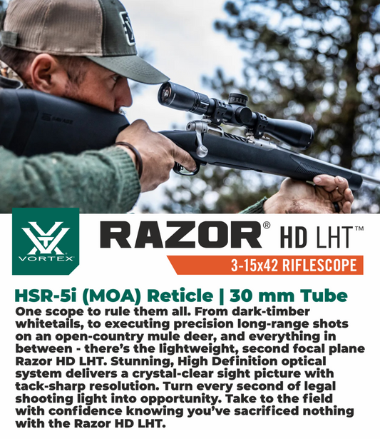 Vortex Optics Razor HD LHT 3-15x42 SFP HSR-5i (MOA) Reticle 30 mm Tube Riflescope with Mount and Hat Bundle - RZR-31501_Hat-CD