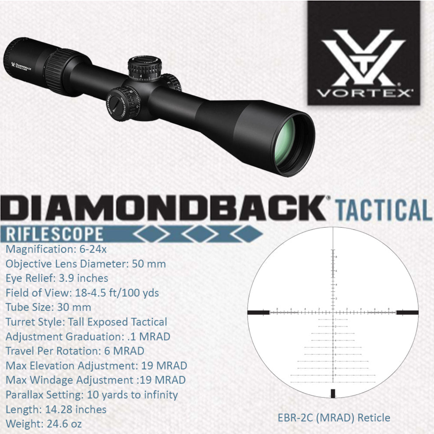 Vortex Optics Diamondback Tactical 6-24x50 FFP EBR-2C (MRAD) Reticle Riflescope with Wearable4U Bundle - DBK-10029_TRH-2Pk_121-53-BCA