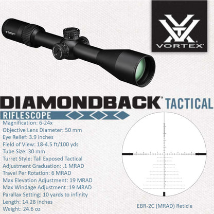 Vortex Optics Diamondback Tactical 6-24x50 FFP EBR-2C (MRAD) Reticle Riflescope with Wearable4U Bundle - DBK-10029_TRH-2Pk_121-53-BCA