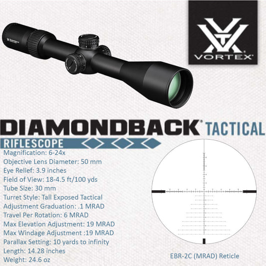Vortex Optics Diamondback Tactical 6-24x50 FFP EBR-2C (MRAD) Reticle Riflescope with Wearable4U Bundle - DBK-10029_TRH-2Pk_121-53-BCA