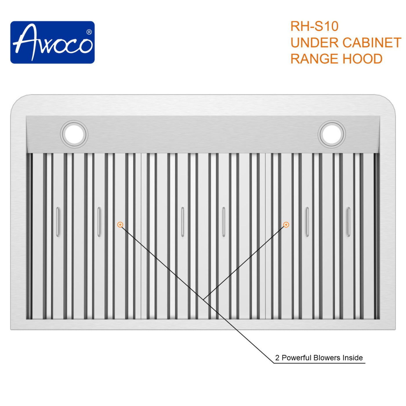 Awoco RH-S10 Under Cabinet Supreme 10” High Stainless Steel Range Hood, 4 Speeds, 8” Round Top Vent, 1000CFM, with Remote Control - RH-S10-30