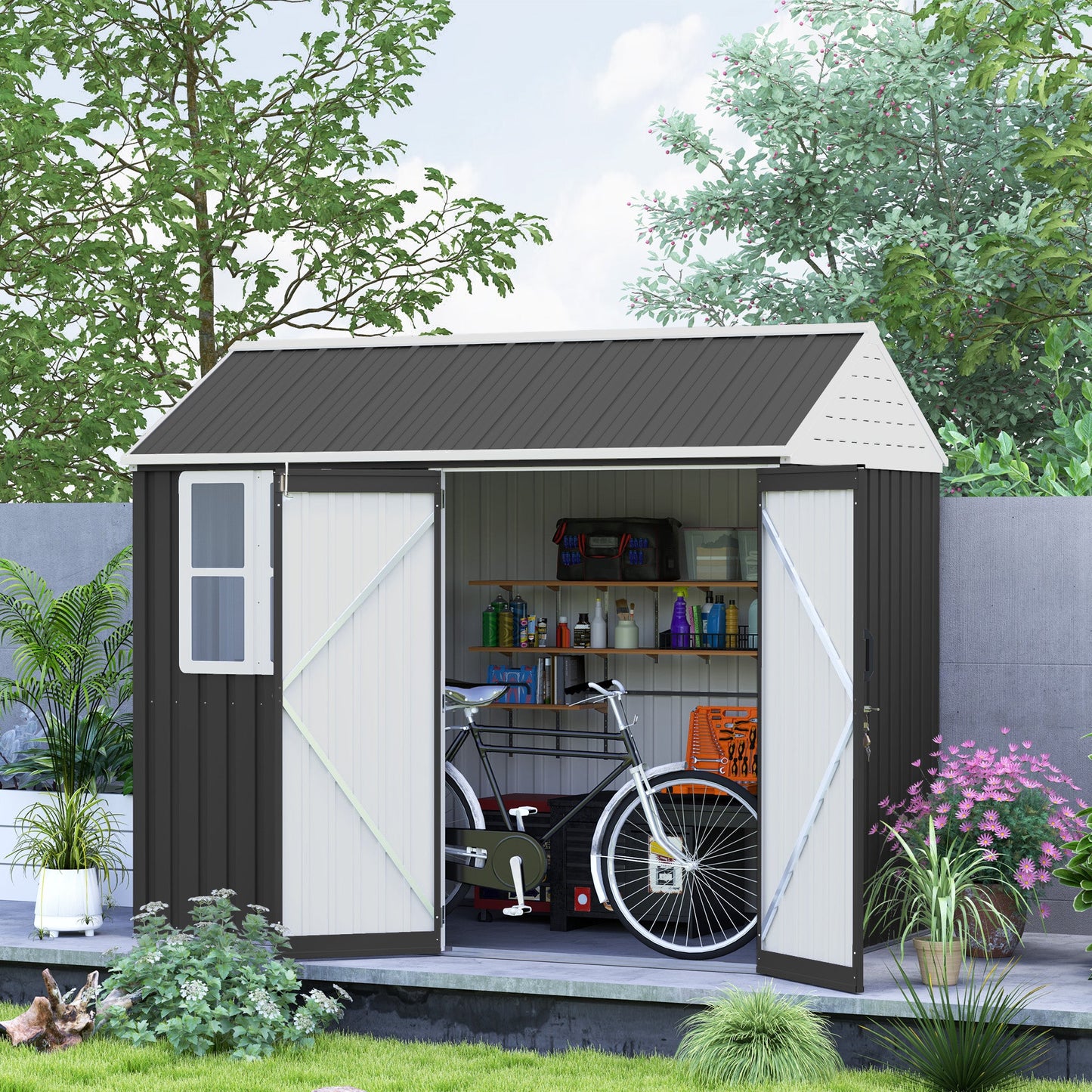 Outsunny 8' x 5.5' Extra Large Garden Shed, Tool Storage with Window, Metal Sloped Roof, Dark Gray - 845-331V01CG