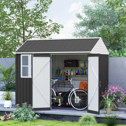 Outsunny 8' x 5.5' Extra Large Garden Shed, Tool Storage with Window, Metal Sloped Roof, Dark Gray - 845-331V01CG