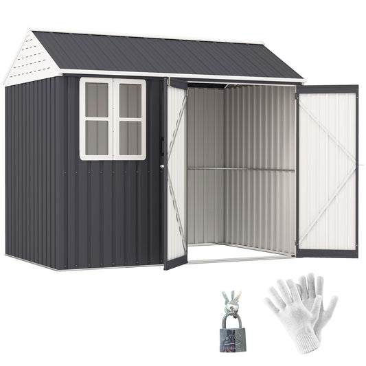 Outsunny 8' x 5.5' Extra Large Garden Shed, Tool Storage with Window, Metal Sloped Roof, Dark Gray - 845-331V01CG