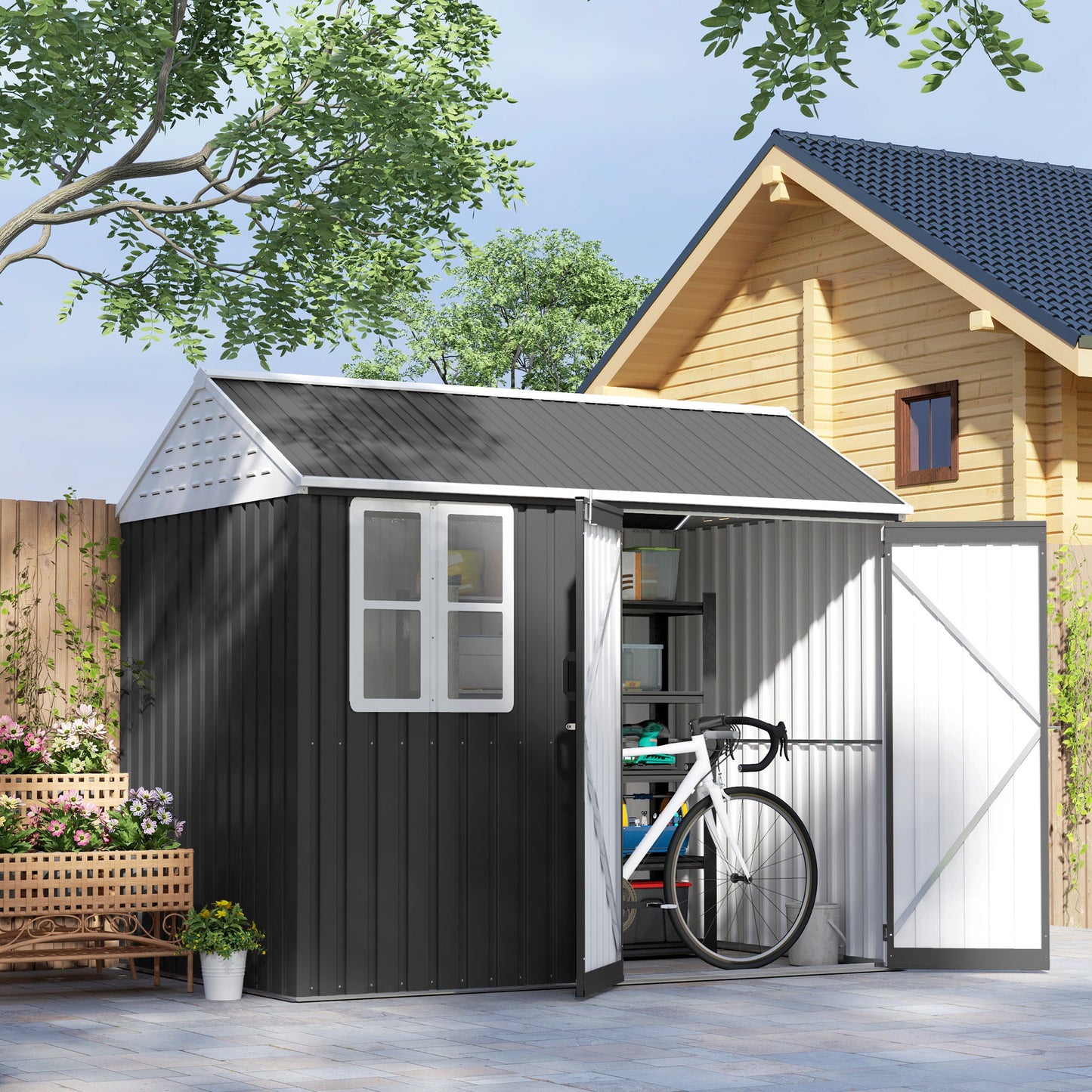 Outsunny 8' x 5.5' Extra Large Garden Shed, Tool Storage with Window, Metal Sloped Roof, Dark Gray - 845-331V01CG