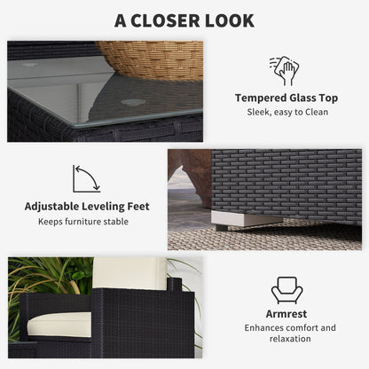 Outsunny 4-Piece Rattan Patio Sofa Set with Loveseat & Glass Coffee Table, Cream - 841-086V02CW