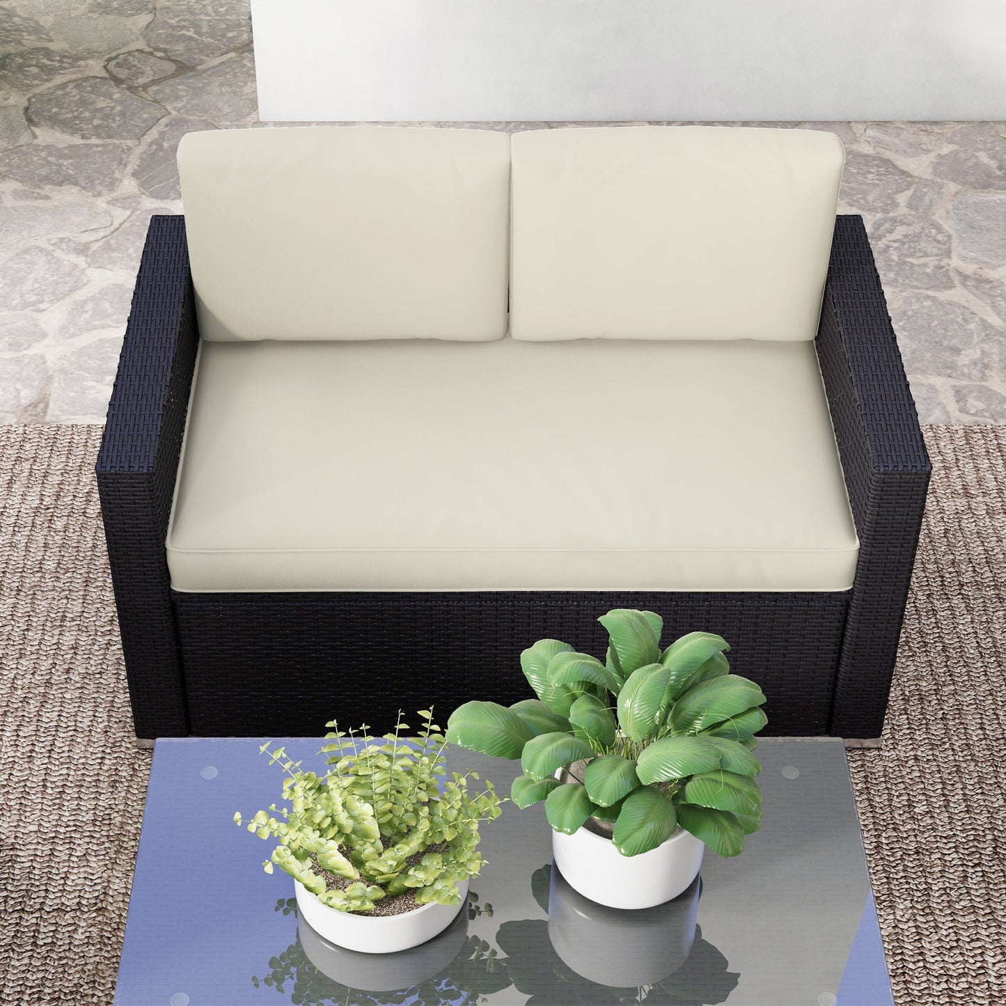 Outsunny 4-Piece Rattan Patio Sofa Set with Loveseat & Glass Coffee Table, Cream - 841-086V02CW