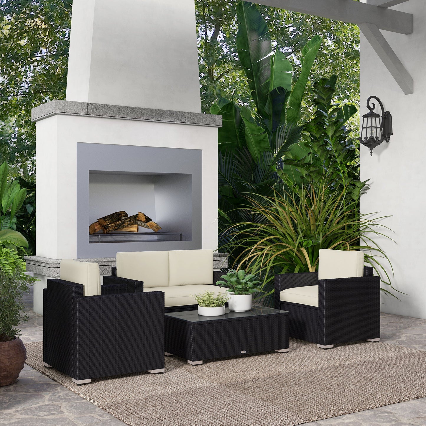 Outsunny 4-Piece Rattan Patio Sofa Set with Loveseat & Glass Coffee Table, Cream - 841-086V02CW