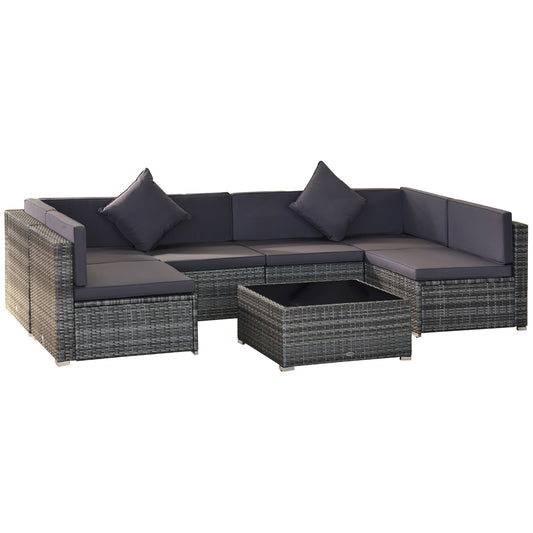 Outsunny 7-Piece All-Weather PE Rattan Sectional Sofa Set with Cushions & Glass Table, Gray - 860-020V01GY