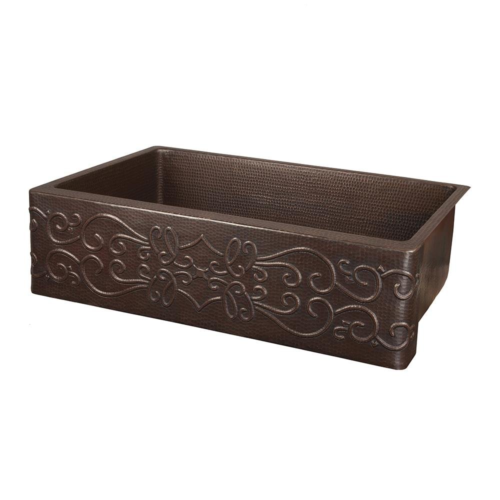 Premier Copper 30 in. Hammered Copper Apron Front Single Basin Kitchen Sink with Scroll Design - KASDB30229S