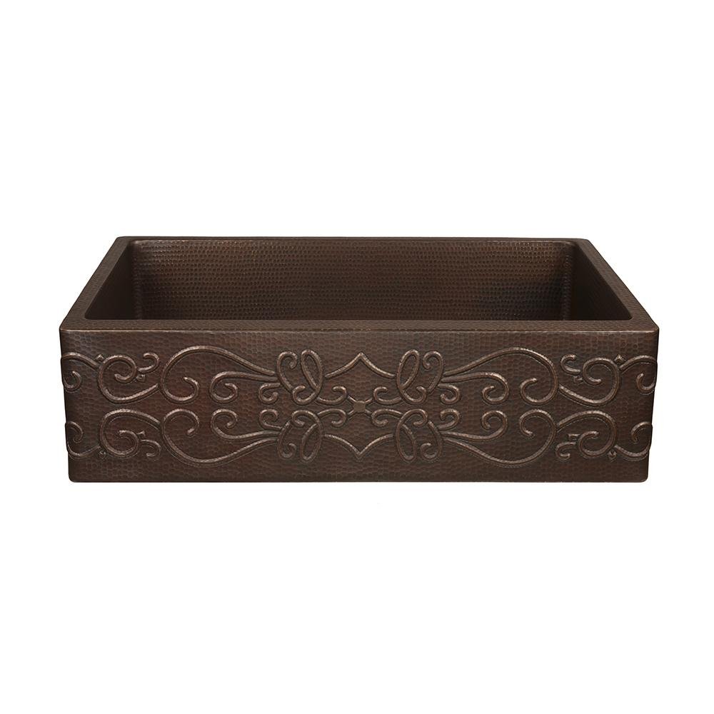 Premier Copper 30 in. Hammered Copper Apron Front Single Basin Kitchen Sink with Scroll Design - KASDB30229S