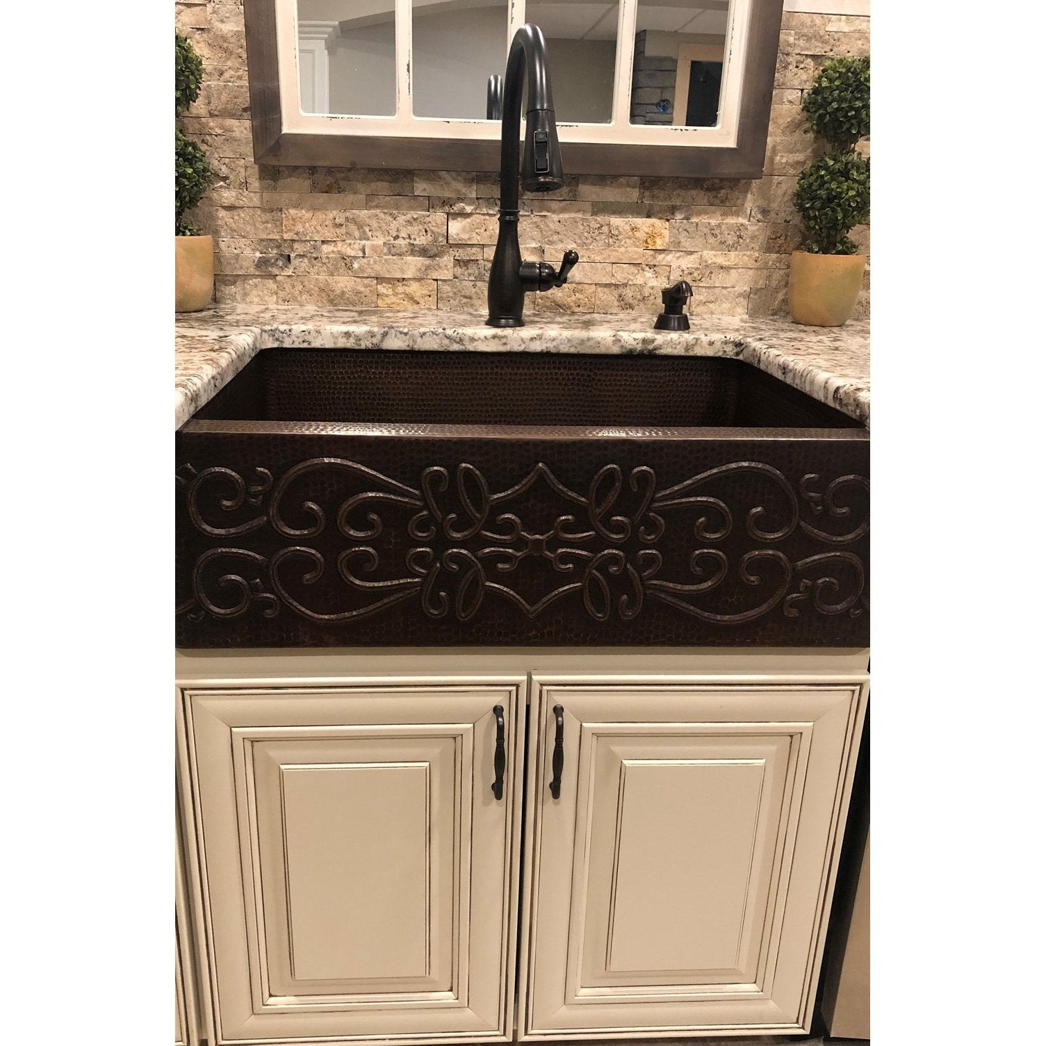 Premier Copper 30 in. Hammered Copper Apron Front Single Basin Kitchen Sink with Scroll Design - KASDB30229S