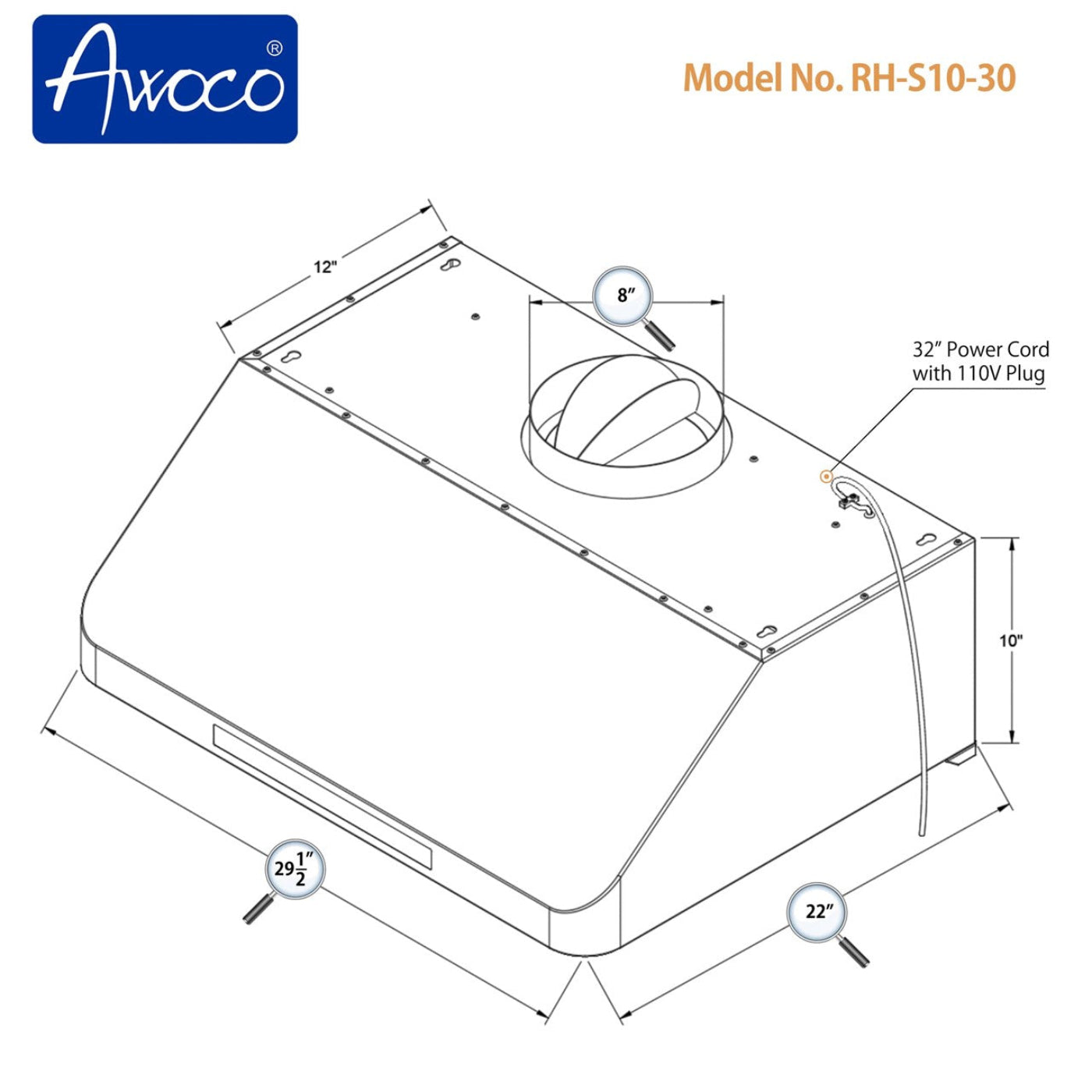 Awoco RH-S10 Under Cabinet Supreme 10” High Stainless Steel Range Hood, 4 Speeds, 8” Round Top Vent, 1000CFM, with Remote Control - RH-S10-30