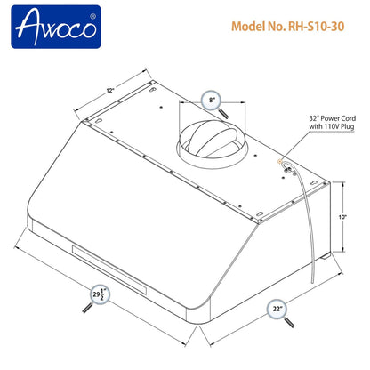 Awoco RH-S10 Under Cabinet Supreme 10” High Stainless Steel Range Hood, 4 Speeds, 8” Round Top Vent, 1000CFM, with Remote Control - RH-S10-30