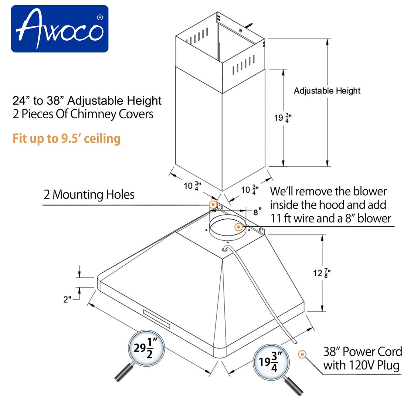 Awoco RH-WT-C Wall Mount Stainless Steel Range Hood, 3 Speeds, 1000CFM, 2 LED Lights, Remote Control, With 8” Blower Unit - RH-WT-C30+RH-SP08-BLW