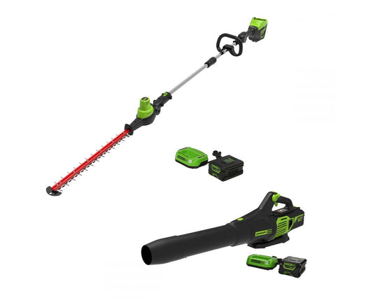 Greenworks 60V 20" Cordless Battery Pole Hedge Trimmer & 610 CFM Leaf Blower Combo Kit - 1317502-VK w/ 2.0Ah & 2.5Ah Battery & (2) Chargers