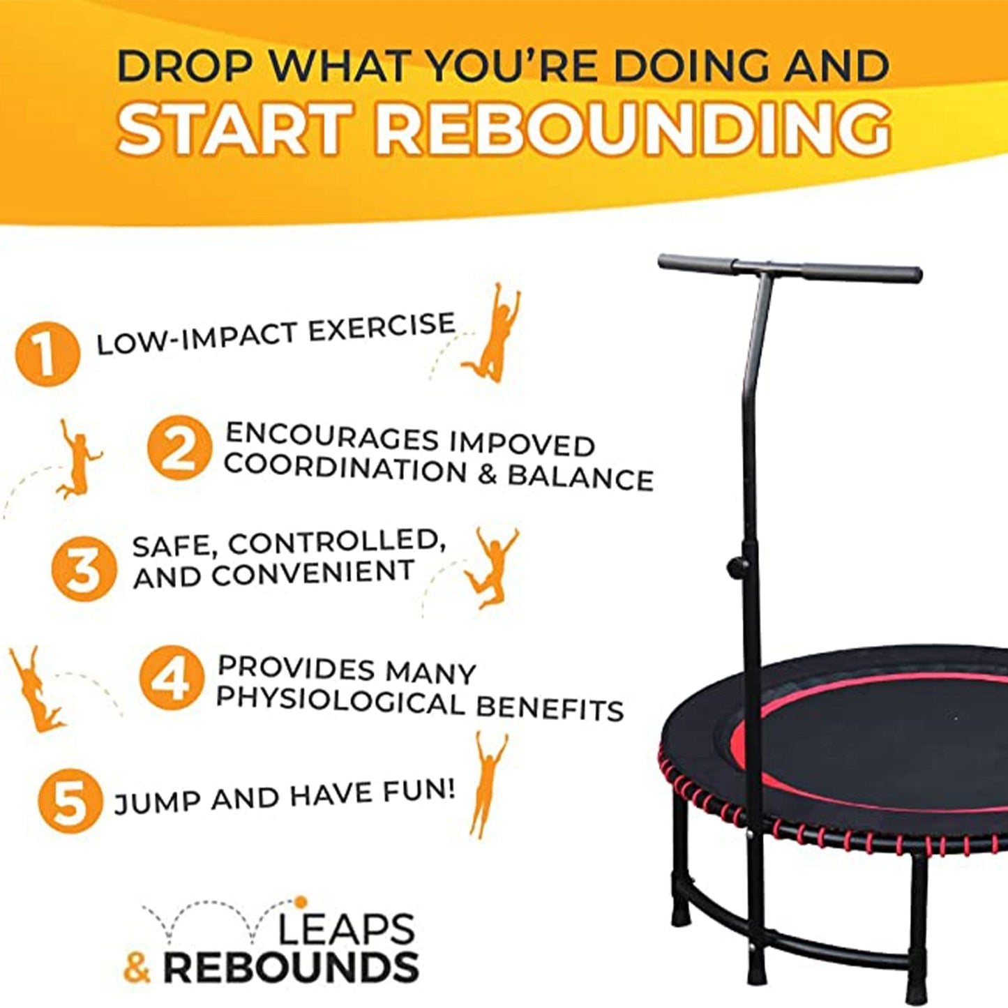 LEAPS & REBOUNDS 48" Adjustable Stability Bar w/ 48" Fitness Trampoline, Orange - 318058