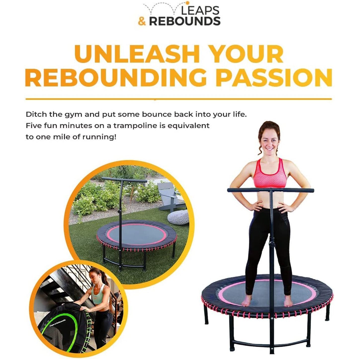 LEAPS & REBOUNDS 48" Adjustable Stability Bar w/ 48" Fitness Trampoline, Orange - 318058