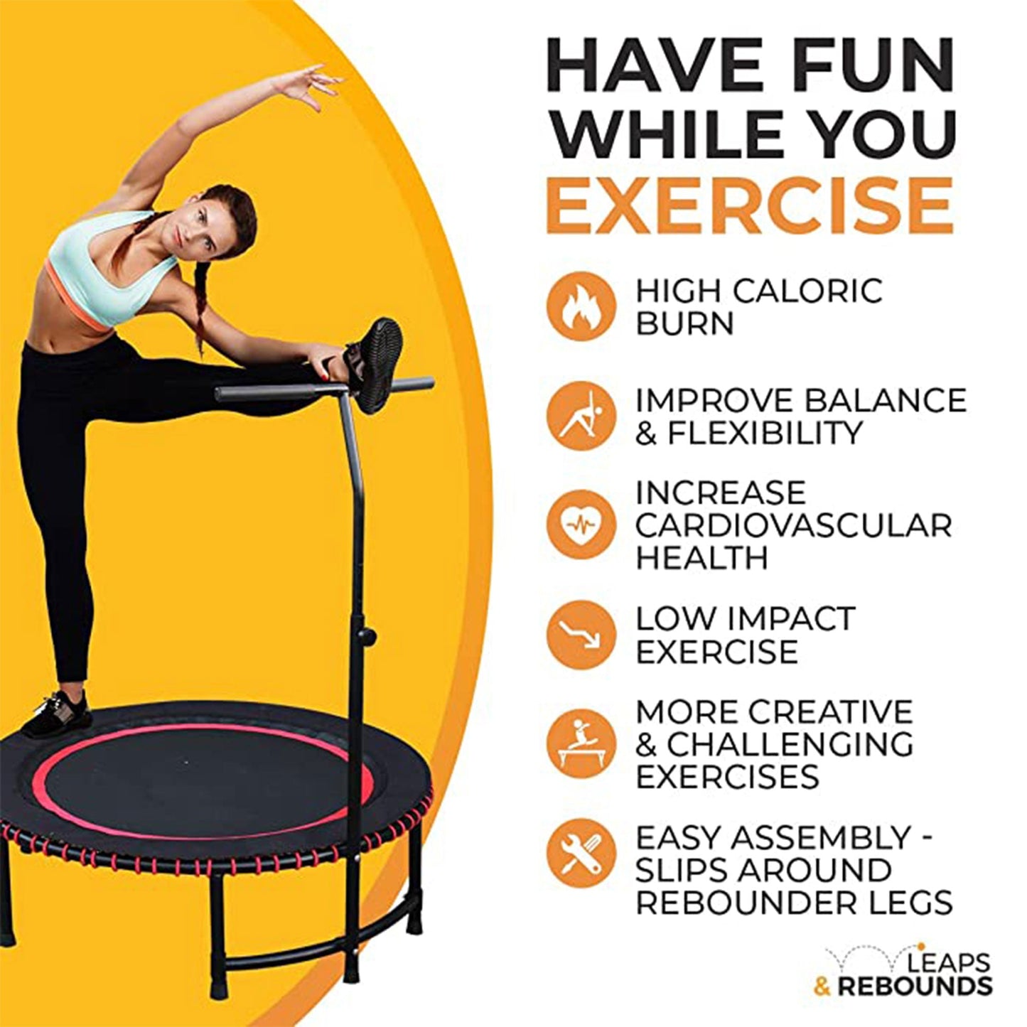 LEAPS & REBOUNDS 48" Adjustable Stability Bar w/ 48" Fitness Trampoline, Orange - 318058