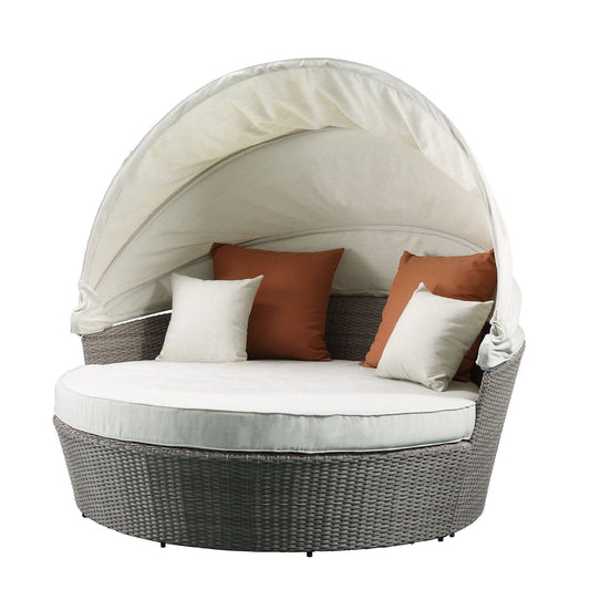 HomeRoots Outdoors Beige Fabric And Gray Wicker Patio Canopy Daybed and Ottoman Set - 318799