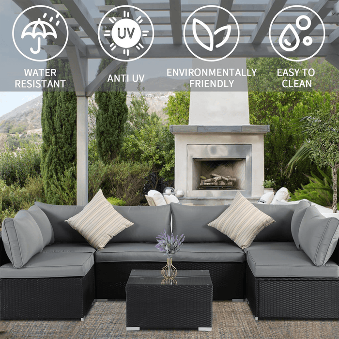 ESSENTIAL LOUNGER Outdoor Furniture Sofa Set w/Cushion & Glass Table, Set of 7 - 320029