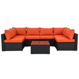 ESSENTIAL LOUNGER Outdoor Sofa Set w/Cushion & Glass Table Set of 7, Orange  - 320030