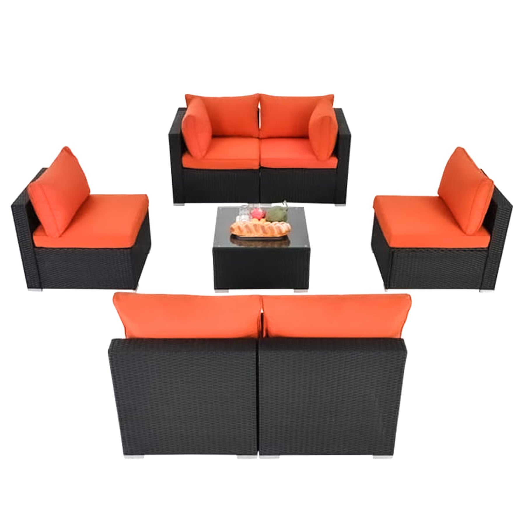 ESSENTIAL LOUNGER Outdoor Sofa Set w/Cushion & Glass Table Set of 7, Orange - 320030