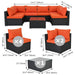 ESSENTIAL LOUNGER Outdoor Sofa Set w/Cushion & Glass Table Set of 7, Orange - 320030