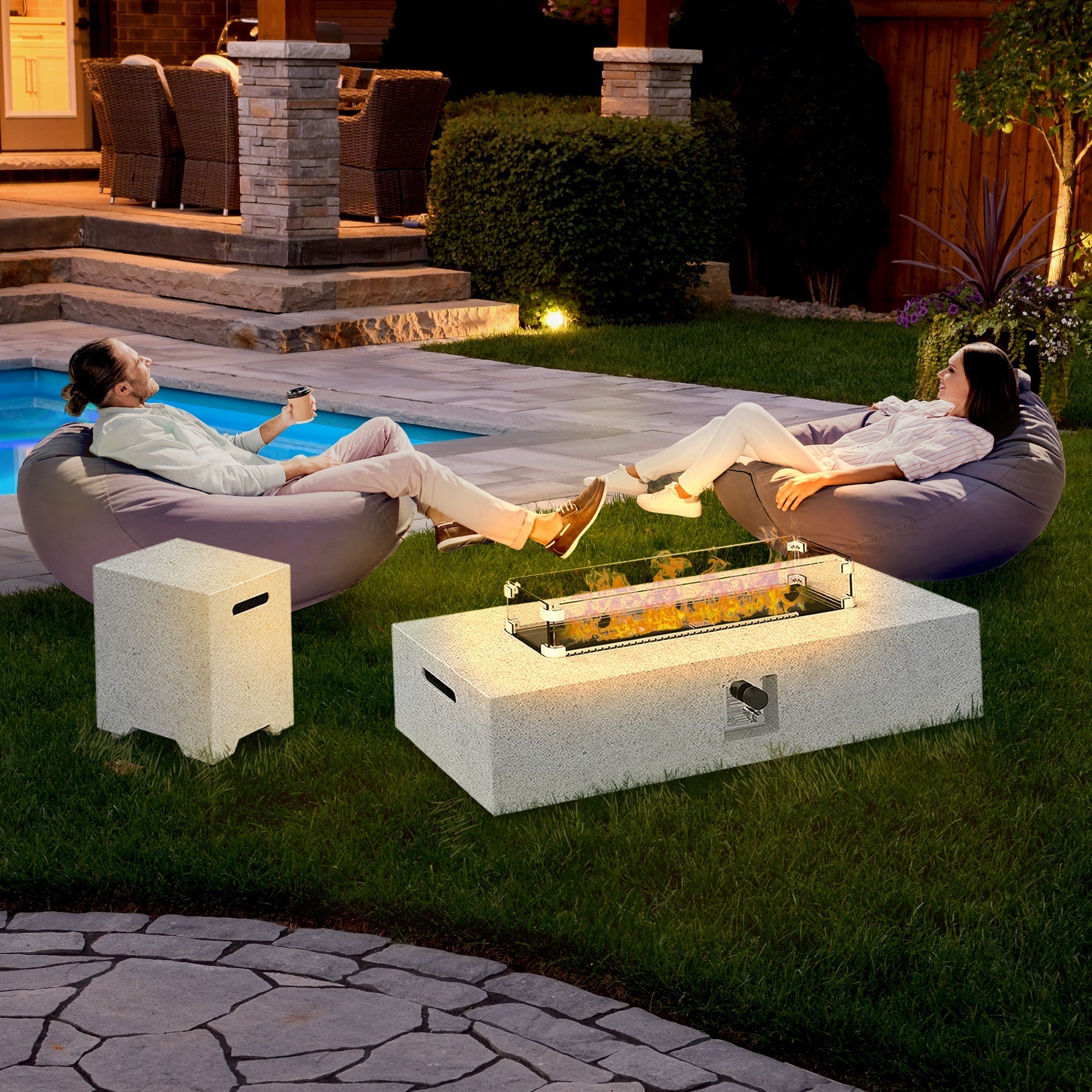 ESSENTIAL LOUNGER 56" Large Rectangular Concrete Outdoor Firepit Table Set, Gray - 320033