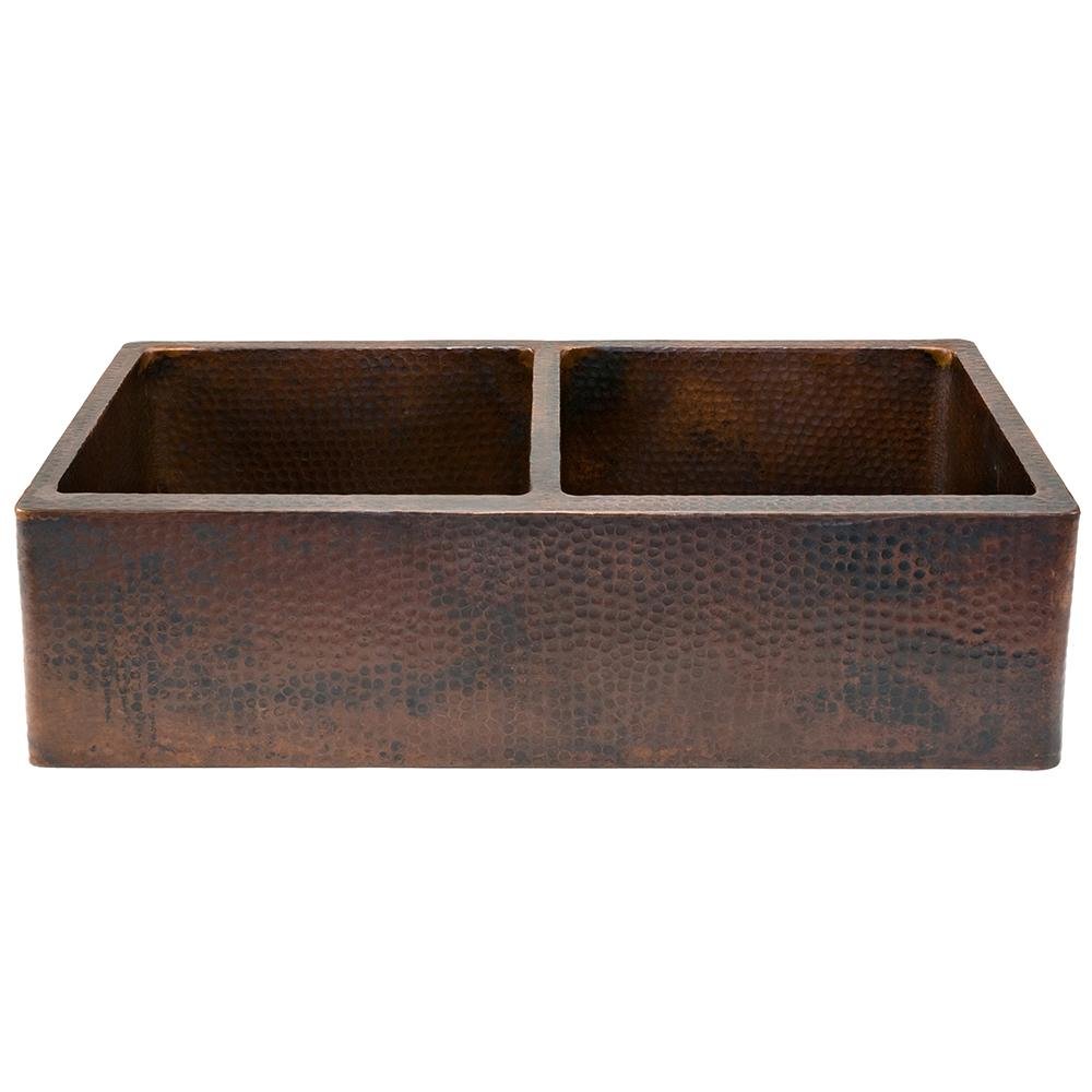 Premier Copper 33 in. Hammered Copper Apron Front 50/50 Double Basin Kitchen Sink - KA50DB33229