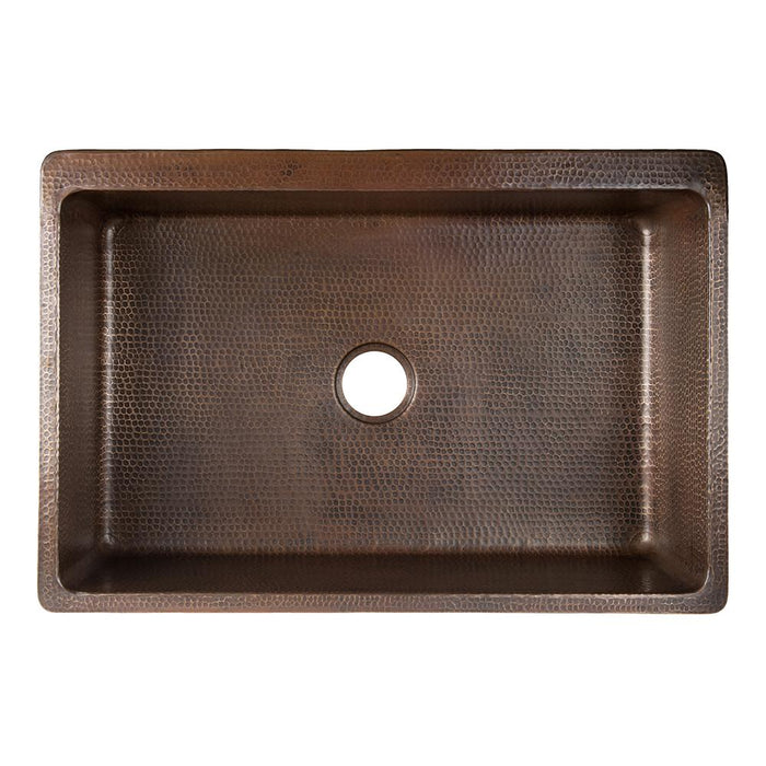 Premier Copper 33 in. Hammered Copper Apron Front Single Basin Kitchen Sink with Fleur De Lis Design and Nickel Background KASDB33229F-NB