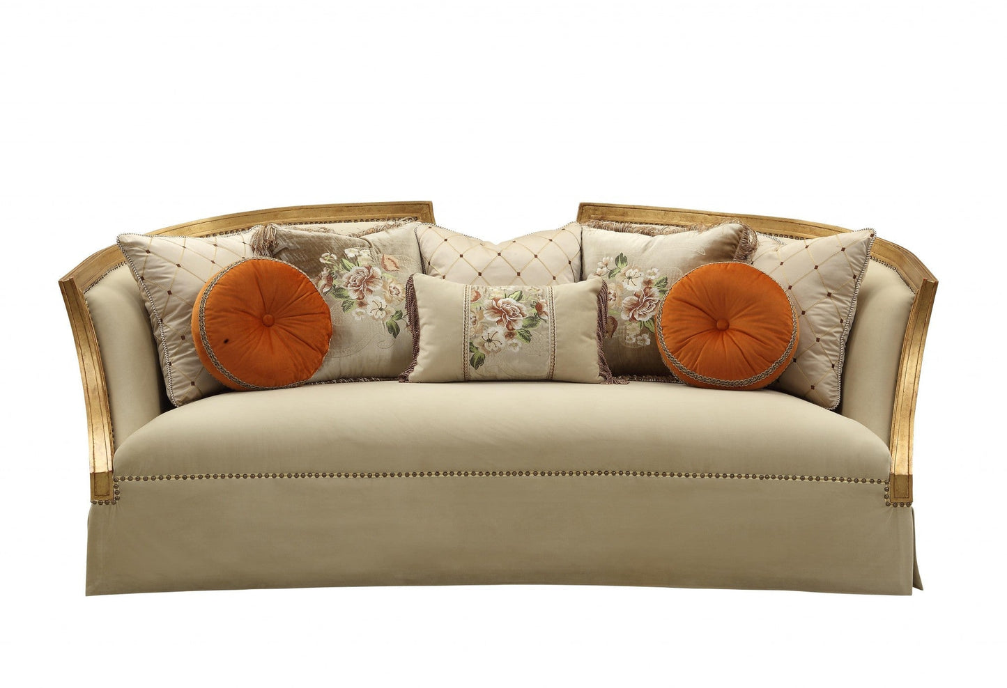 Modway Furniture 41" Beige Velvet Curved Sofa with Toss Pillows, Flared Arms & Natural Wood Legs for Stylish Comfort - 348220-HOMEROOTS