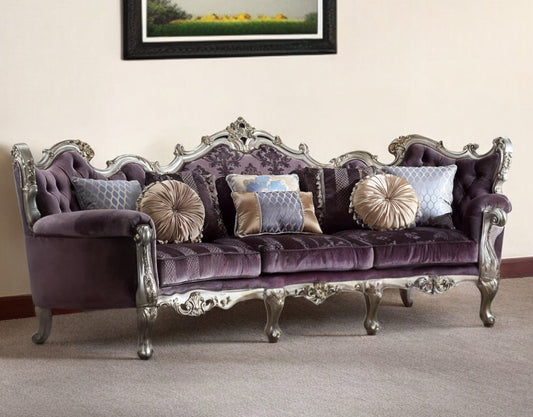 Modway Furniture 52" Dark Purple Velvet Curved Sofa with Striped Design & Platinum Legs, Includes Toss Pillows - 348236-HOMEROOTS