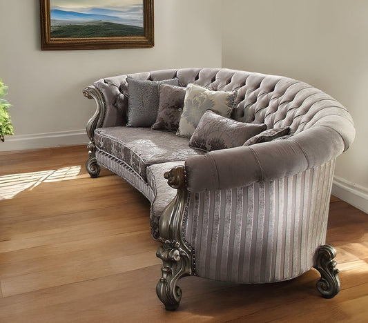 Modway Furniture 55" Gray Velvet Curved Floral Sofa with Toss Pillows & Elegant Champagne Legs for Modern Homes - 348646-HOMEROOTS