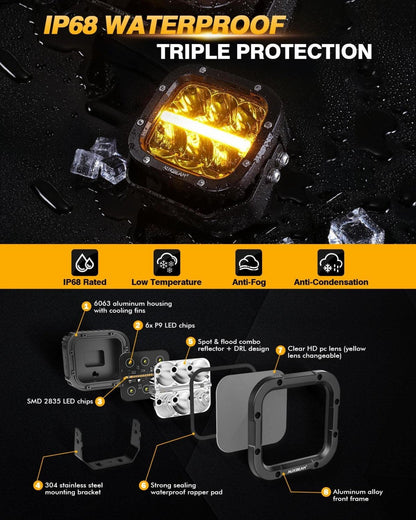 Auxbeam 6/8Pcs 5 Inch 132W Amber DRL LED Pod Lights with Power Harness - GP00011297