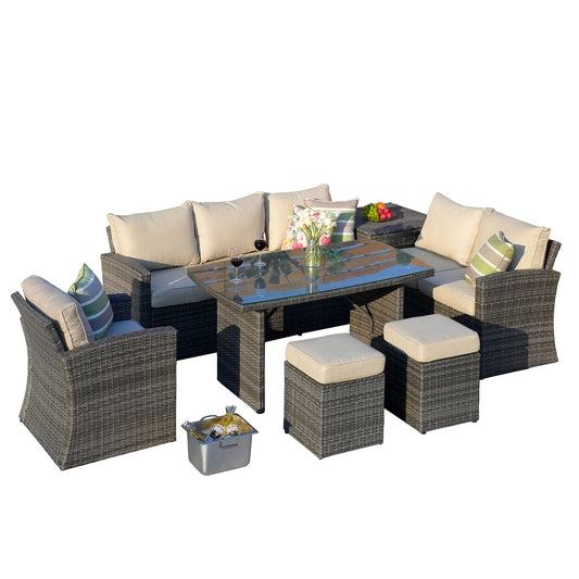 HomeRoots Outdoors - ECannes Variegated Grey 7-Piece Wicker Outdoor Sectional Set With Beige Cushions - 384146