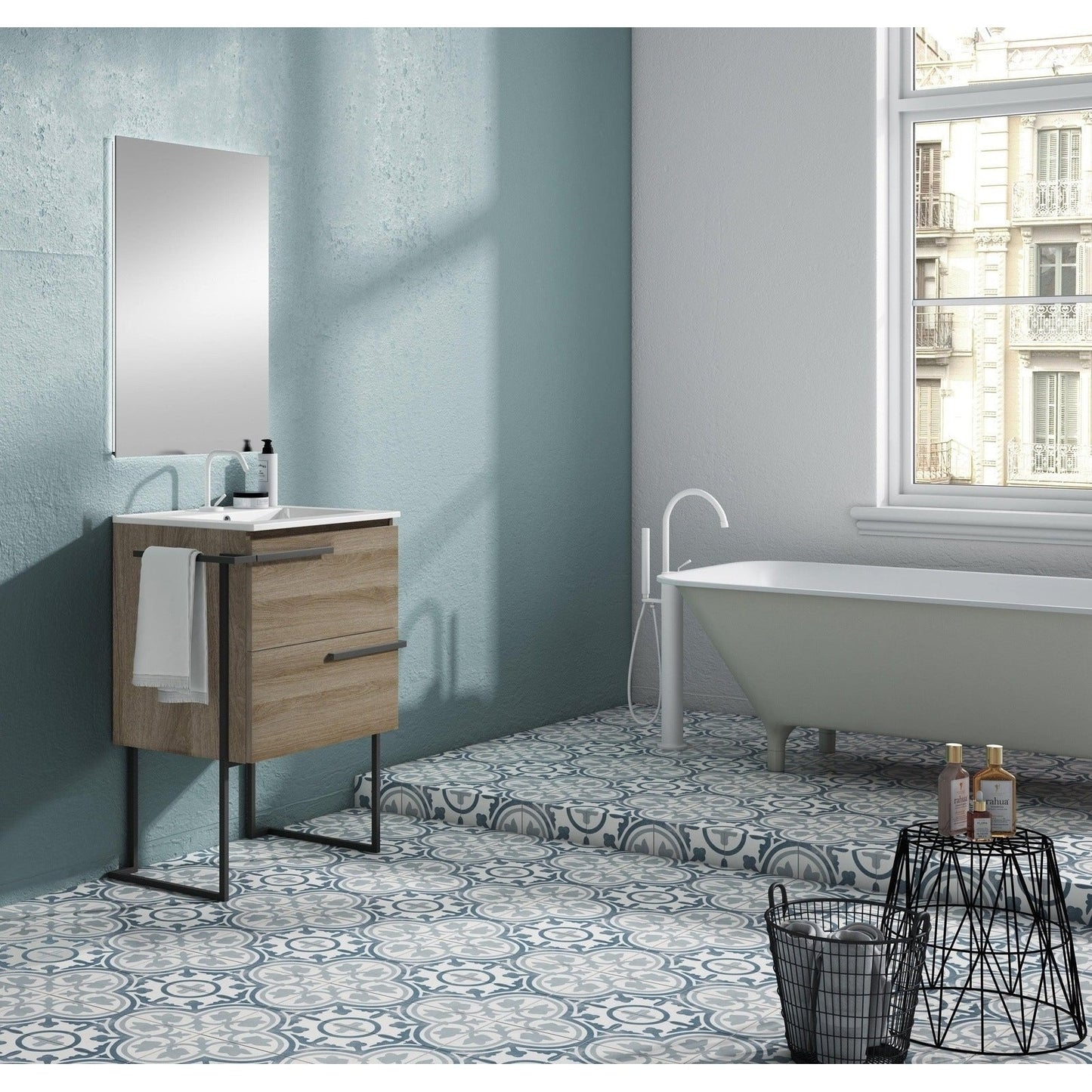 Lucena Bath Scala 40" Single Sink Vanity with Legs and Towel Bar in Abedul, White or Tera. - Backyard Provider