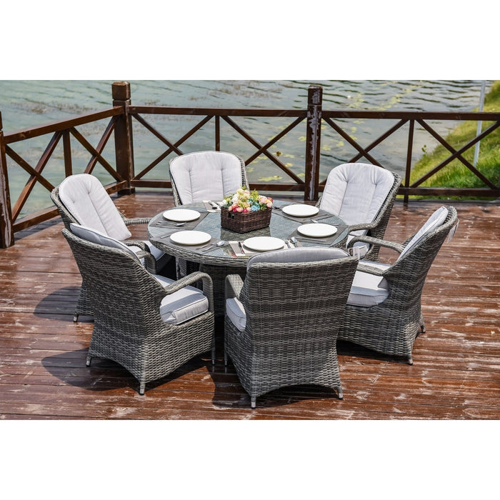 HomeRoots Outdoors - Cordella Grey 7-Piece Wicker Round Outdoor Dining Set With Grey Cushions - 389970