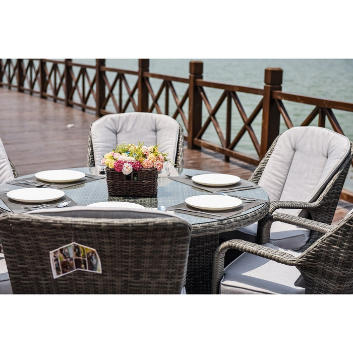 HomeRoots Outdoors - Cordella Grey 7-Piece Wicker Round Outdoor Dining Set With Grey Cushions - 389970