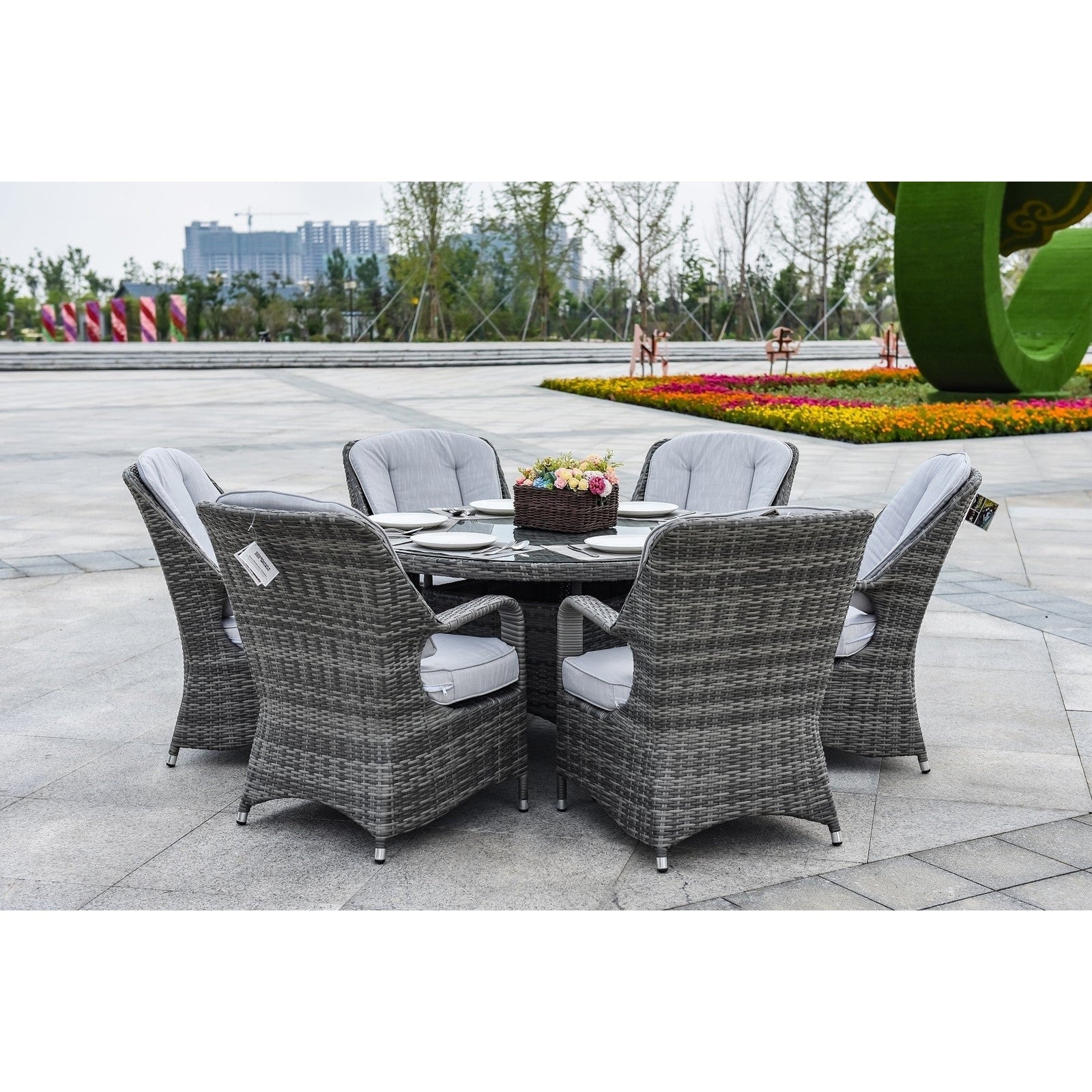 HomeRoots Outdoors - Cordella Grey 7-Piece Wicker Round Outdoor Dining Set With Grey Cushions - 389970