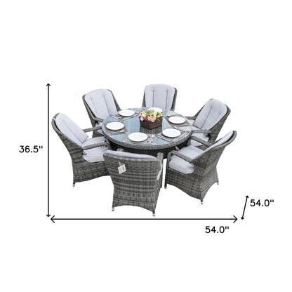 HomeRoots Outdoors - Cordella Grey 7-Piece Wicker Round Outdoor Dining Set With Grey Cushions - 389970