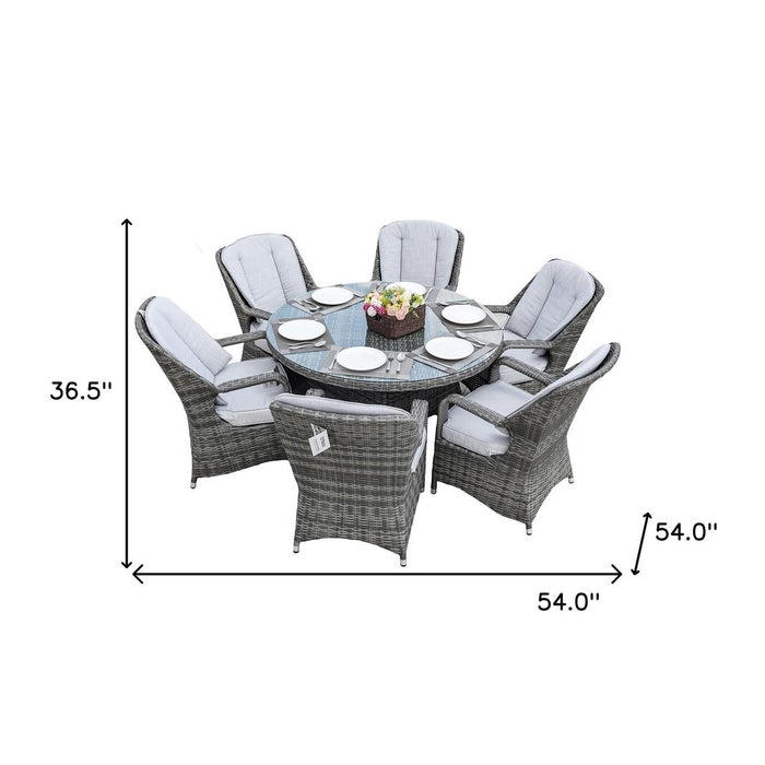 HomeRoots Outdoors - Cordella Grey 7-Piece Wicker Round Outdoor Dining Set With Grey Cushions - 389970