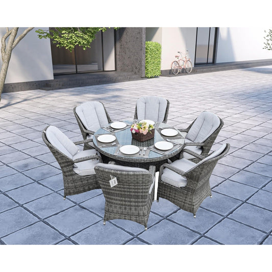 HomeRoots Outdoors - Cordella Grey 7-Piece Wicker Round Outdoor Dining Set With Grey Cushions - 389970