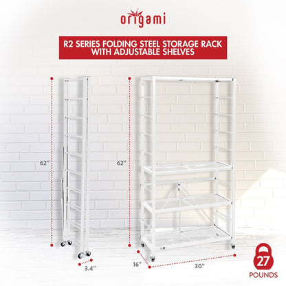 Origami 3 Pack Folding Steel Storage Rack, Adjustable Shelves, R2 Series, White - 415217