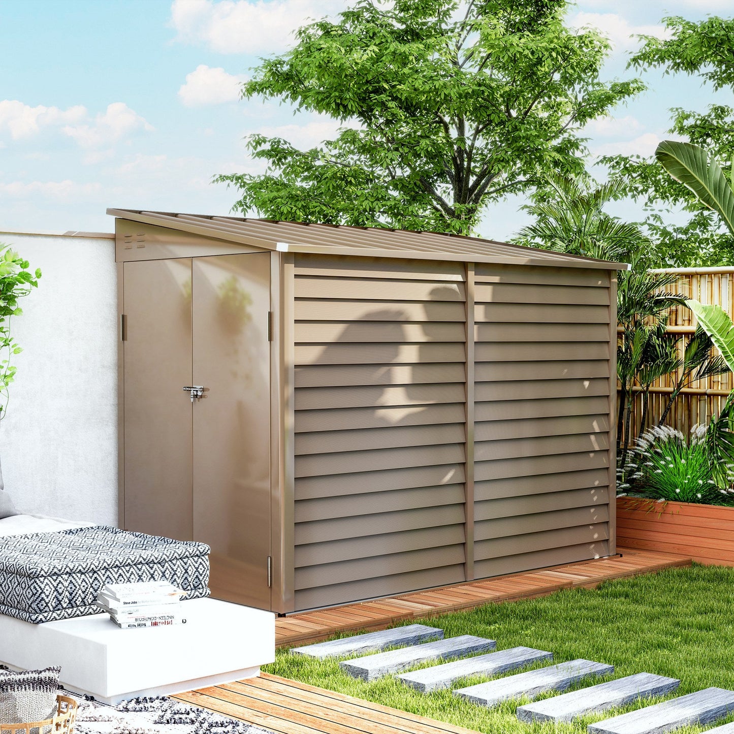 Outsunny 4.6' x 9' Steel Outdoor Storage Shed, with Foundation Kit, Lockable Doors and Gloves, Brown - 845-841V01BN