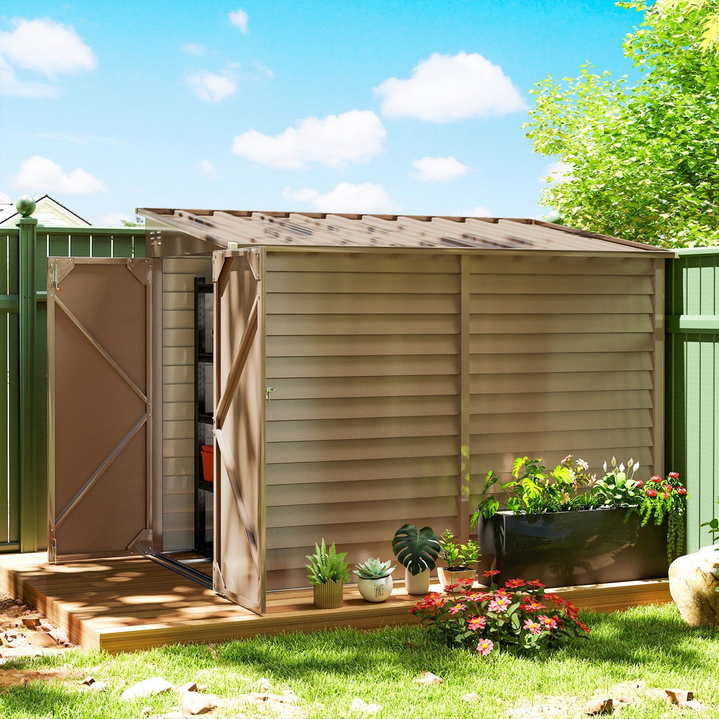 Outsunny 4.6' x 9' Steel Outdoor Storage Shed, with Foundation Kit, Lockable Doors and Gloves, Brown - 845-841V01BN