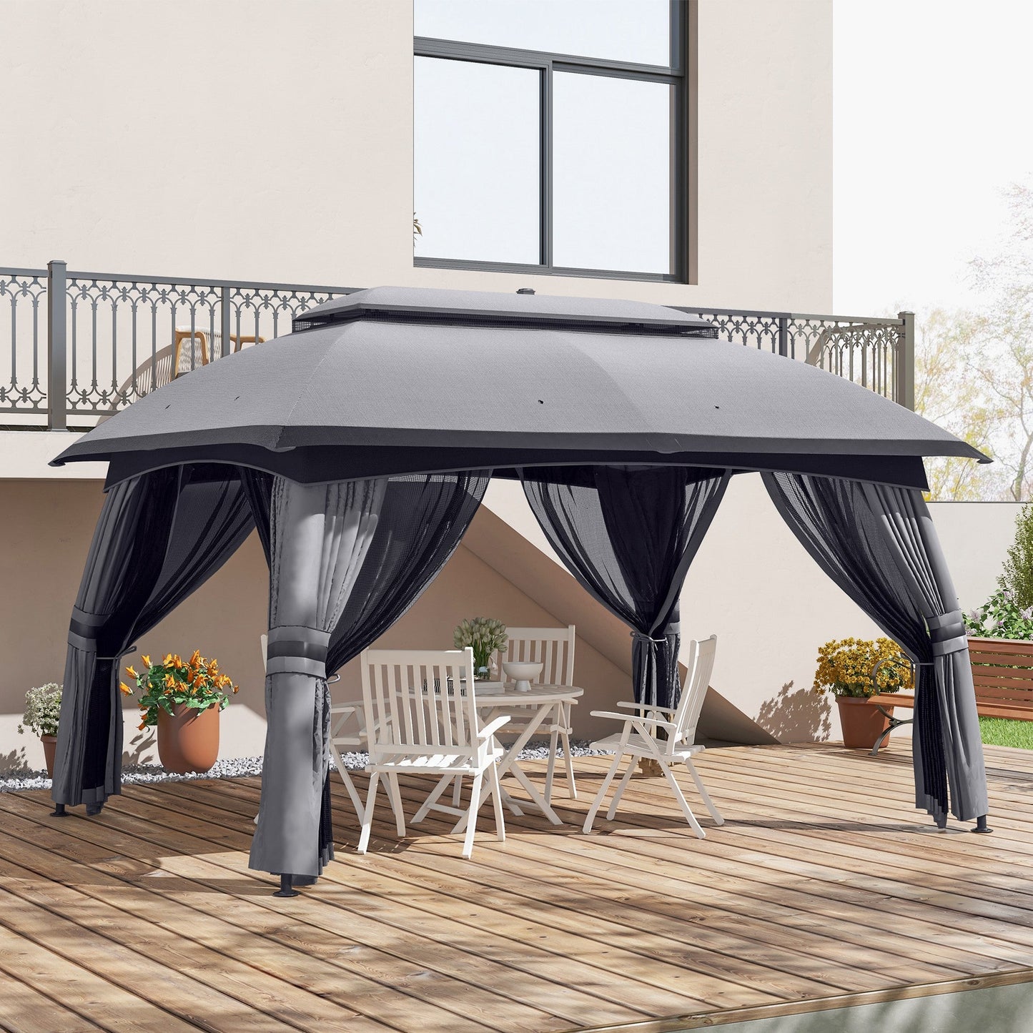 Outsunny 10' x 13' Patio Gazebo with Netting, Curtains & Vented Roof, Dark Gray - 84C-365V02CG