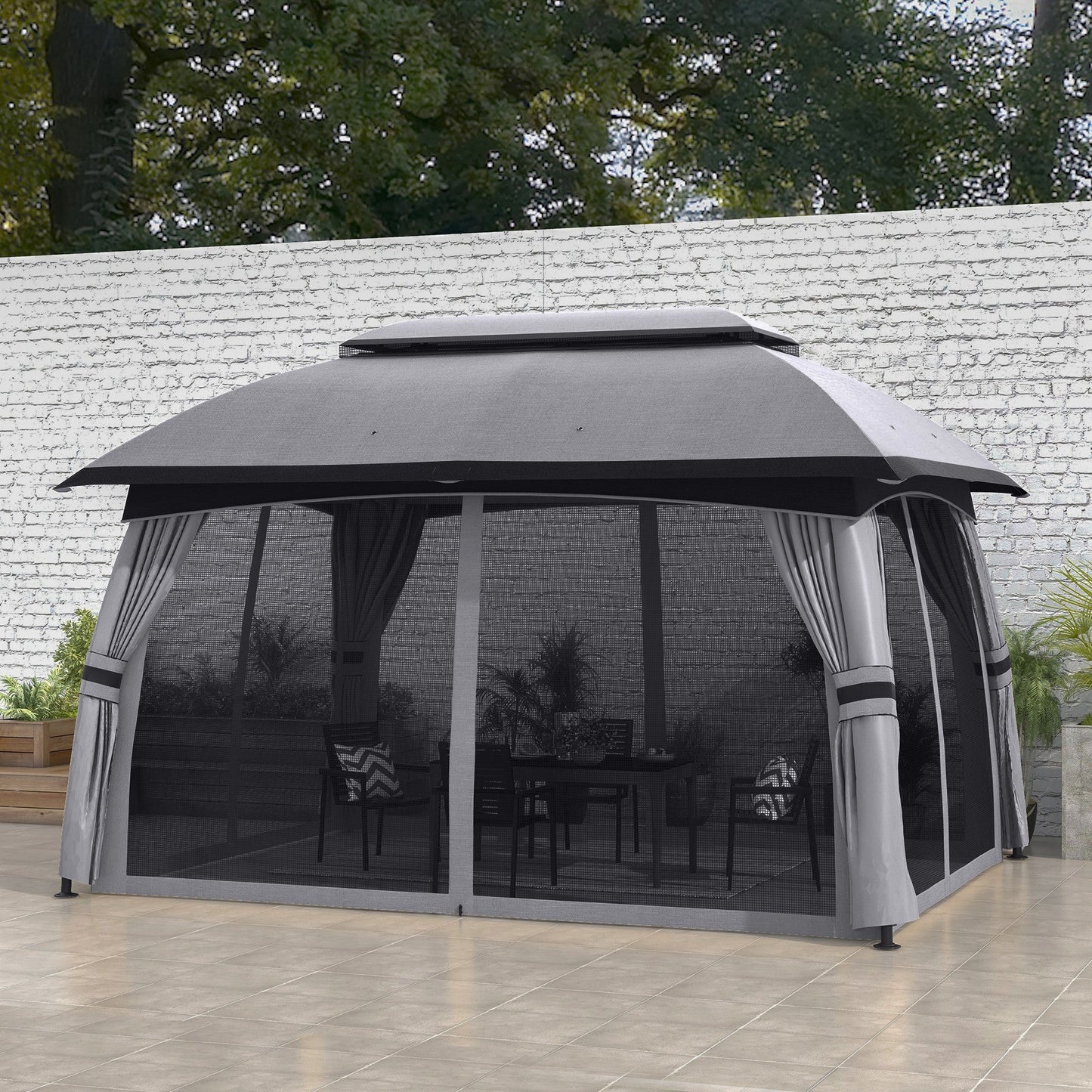Outsunny 10' x 13' Patio Gazebo with Netting, Curtains & Vented Roof, Dark Gray - 84C-365V02CG