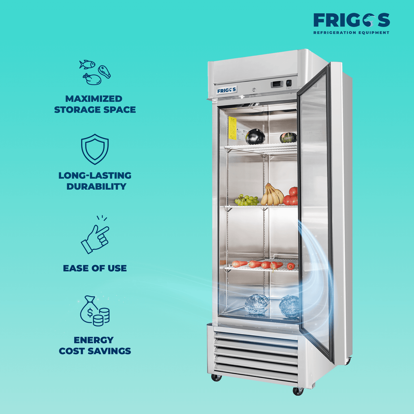 Frigos Commercial Reach in Freezer 27" Width Solid 1 Door 21 Cu Ft with Aluminum Interior with 304 Stainless Steel Floor - FG-FZ-1D